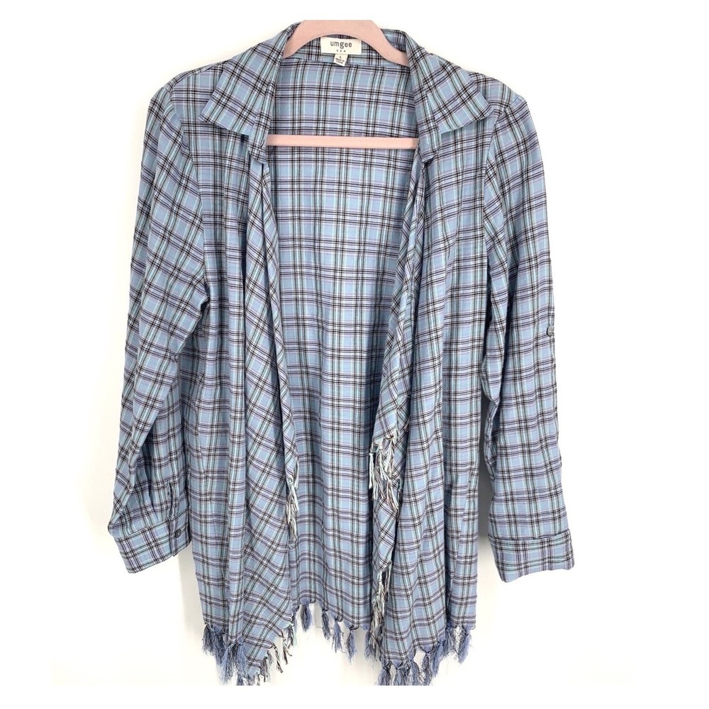 Umgee Womens Large Plaid Fringe Hem Open Front Cardigan Blue Purple Boho Layer - Picture 2 of 6